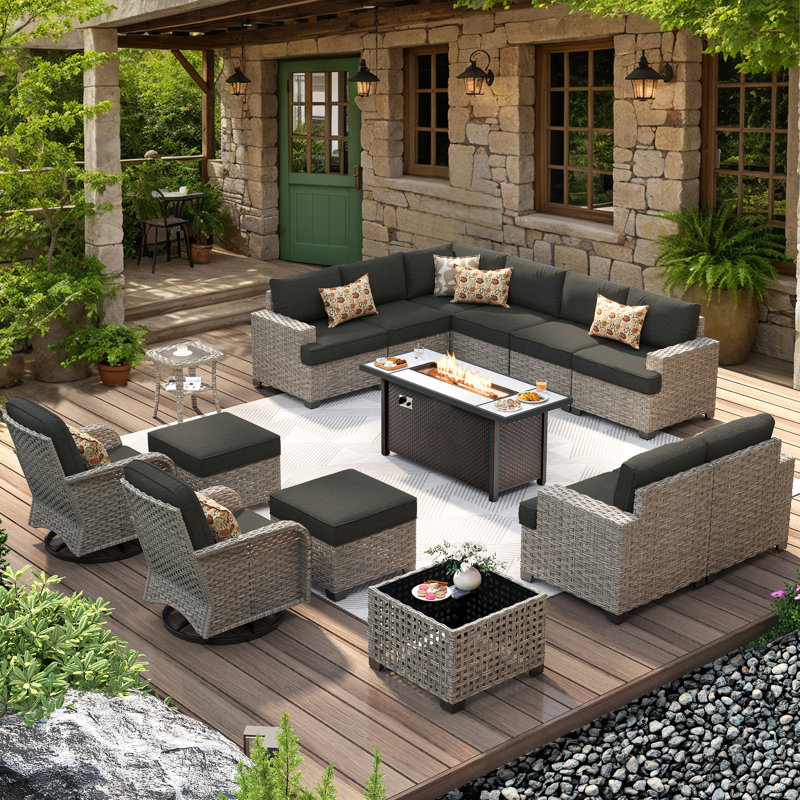 12 - Person Patio Furniture Set with Swivel Rockers, Outdoor Wicker Rattan Sectional Seating Group with Cushions, All Weather Sofa Conversation Set with Fire Pit Table for Garden Backyard