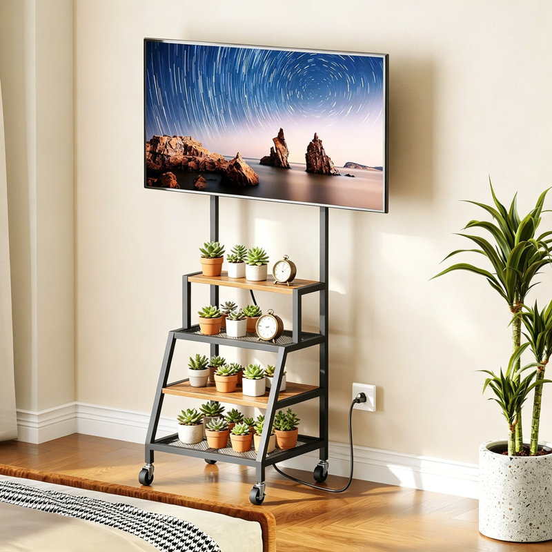 Meuble télé à roulettes avec support pour téléviseurs de 32 à 50 po, centre de divertissement d'angle avec roulettes, tablettes de rangement à 4 niveaux, prise de courant intégrée, brun rustique
