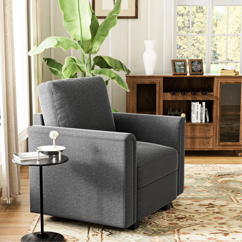 Élégant fauteuil d'appoint à accoudoirs courbés, simple moderne avec structure en bois massif, éponge à haute densité et tissu de lin, confortable pour la chambre à coucher, le salon, le bureau, le rangement caché sous le siège, gris