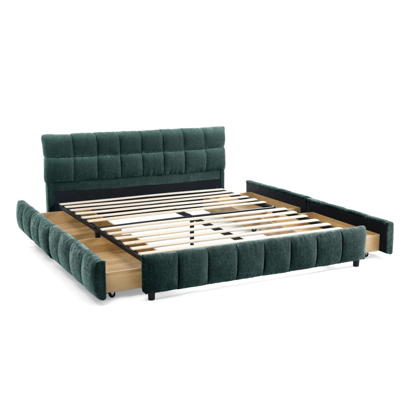Grand lit tapissier grand avec tiroir de rangement - Cadre de plateforme confortable élégant bleu et moderne, Blue Green
