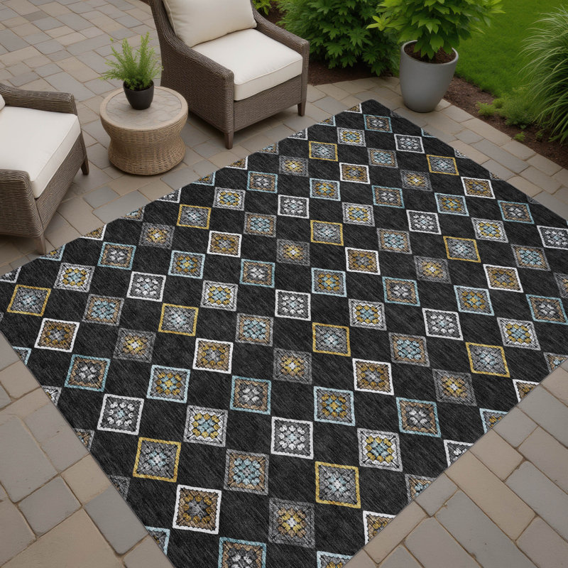 Machine Washable Indoor/Outdoor Chantille ACN2624 Diamond Rug, 5' x 7'6", Black