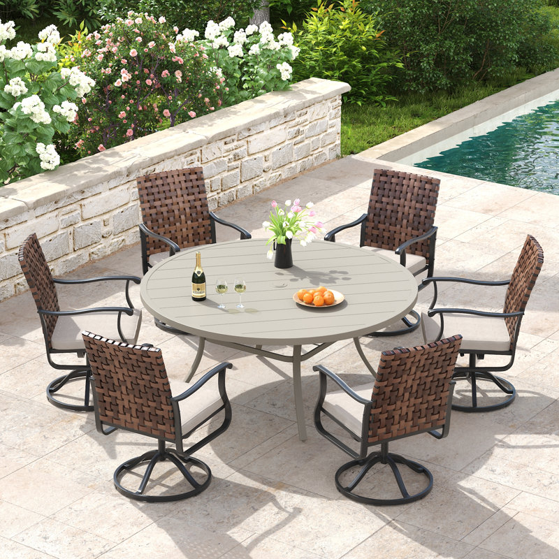 6-Person Round Outdoor Dining Set with 53" Dining Table and 6 Swivel PE Rattan Chairs & Cushions, Sandshell