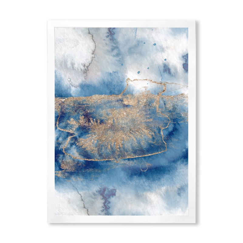 Abstrait classique bleu et or I - peinture sur toile, H 44 po x l 34 po, Cadre de coin blanc fermé