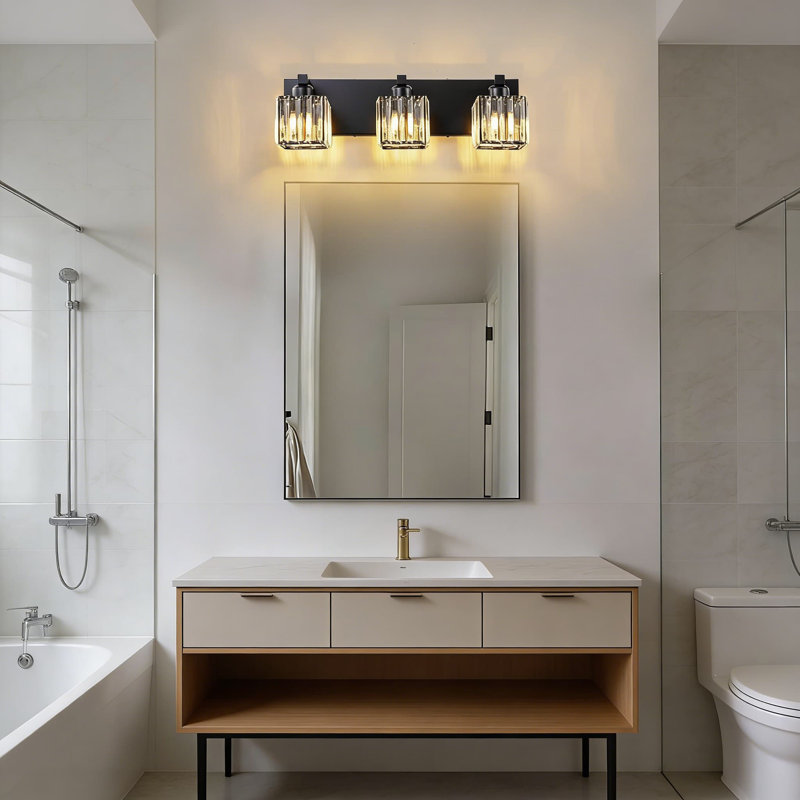 Luminaire de meuble-lavabo de salle de bain moderne à 3 lumières avec accents de cristal - Luminaire carré noir à fixation murale pour miroir - à intensité variable et compatible avec douille E26