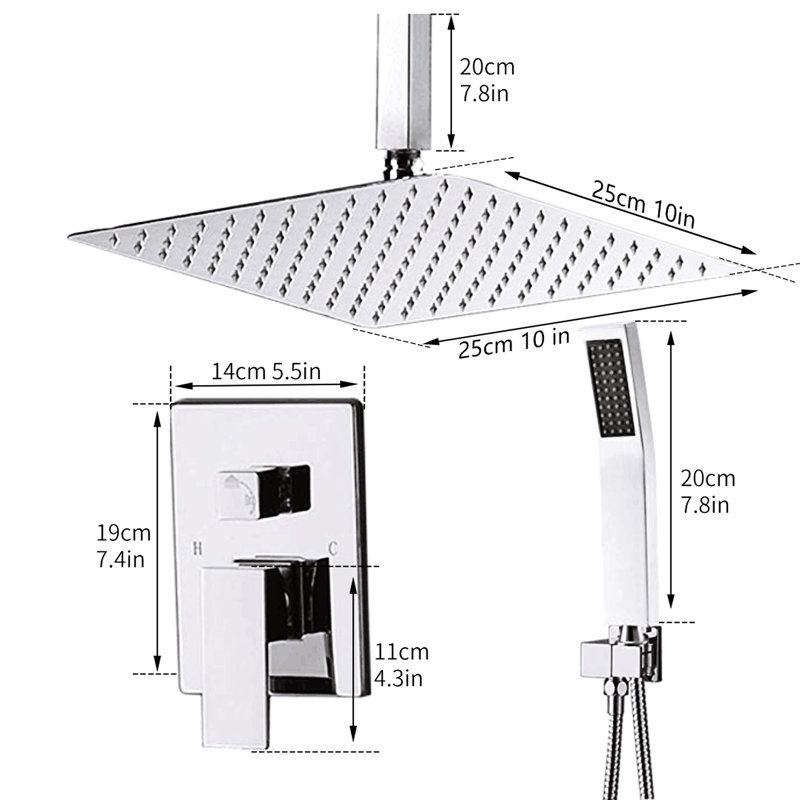 Contemporary Bathroom Faucet System - Wall Mounted Rain Shower Head And Valve With Rainfall Trim, Silver