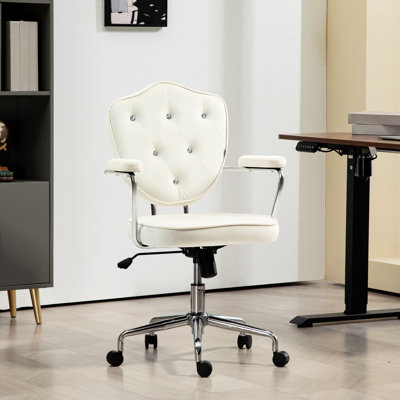 Chaise blanc crème à usage de bureau, tissu velouté à boutons, inclinaison et hauteur de siège réglables, fauteuil de coiffeuse pivotant avec roues de mobilité, capitonnage en tissu,
