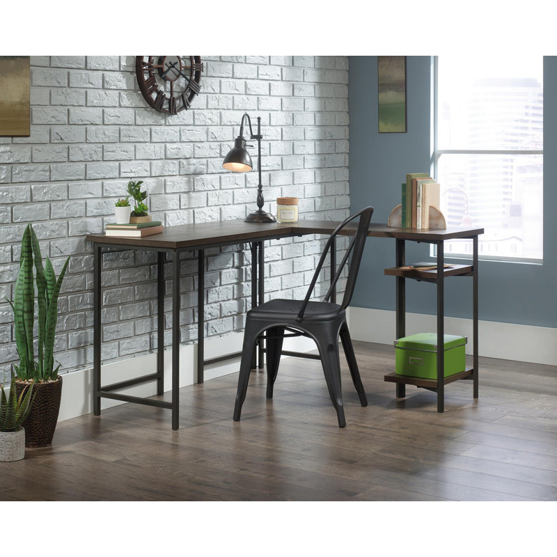Hersh L-Shaped Metal Base Executive Desk, Smoked Oak