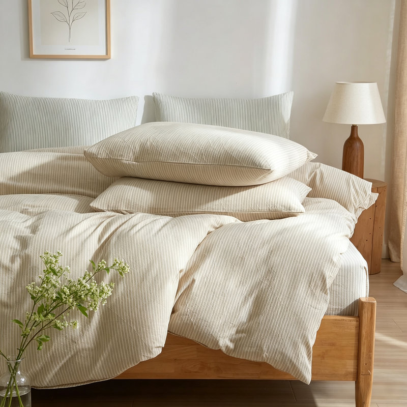 Ensemble de literie rayé en coton délavé 3 pièces, King Duvet Cover + 2 King Pillowcases, Kaki / rayé blanc