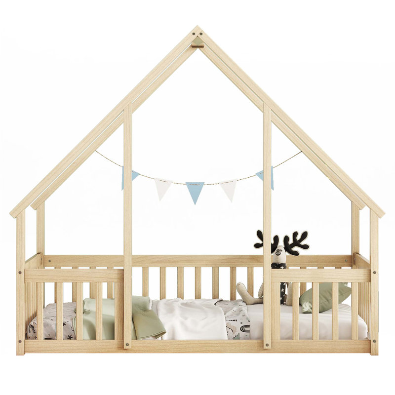 House-Shaped Floor Bed With Fence, Guardrails, Natural, Twin