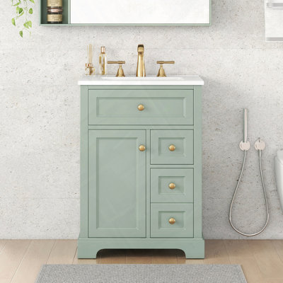 Meuble-lavabo de salle de bain avec lavabo à trois tiroirs et porte de rangement à deux niveaux
