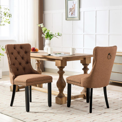 Chaise contemporaine en bois massif 2, café. Revêtement en lin, dossier confortable, élégant. Sw6801cf 2, lin de qualité, élégant, élégant.
