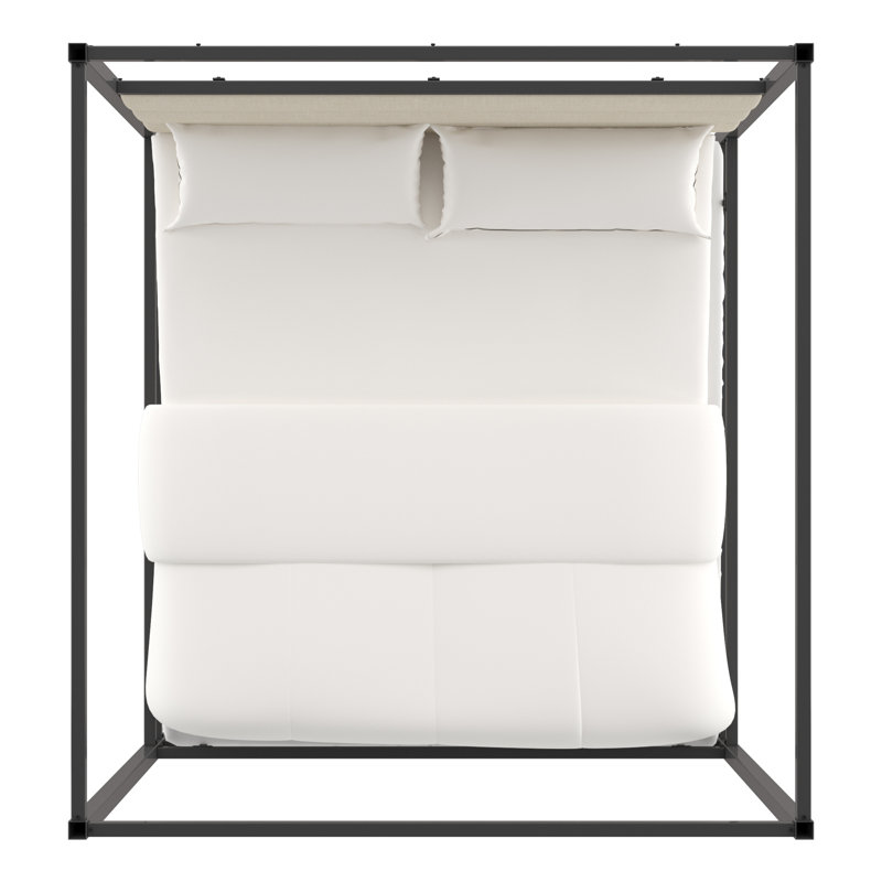 Pettaway Upholstered Metal Canopy Bed, Black Nickel/Beige, Queen