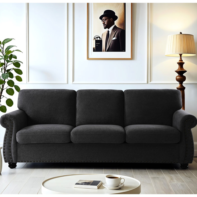 Élégant velours noir 3 avec coussins en mousse haute, pieds en bois massif, coussins de dossier lâches, design moderne de style Mid-Century pour la mousse pour appartement et bureau, salon tourné