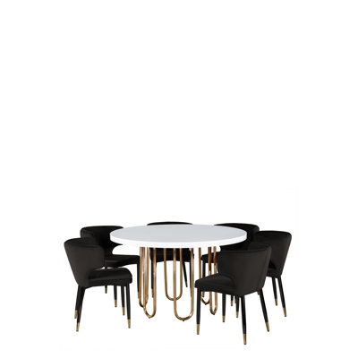 Heanue 7-Piece Solid Wood Dining Set with Jacksonport 51" Round White Wood Dining Table and 6 Velvet Curved Chairs – Gold and White Modern Glam Dining Set