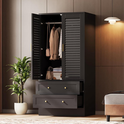 Armoire-penderie 65 po avec 2 portes et 2 tiroirs, armoire de rangement en bois avec tringle pour chambre à coucher, salle de lavage, vestibule, noir