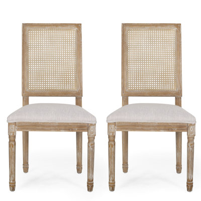 2pcs Dining Chair , Grey Fabric Covering, French Country Fashion With Cane Back And Resilient Rubberwood Legs (2 Pcs), Seat Frame