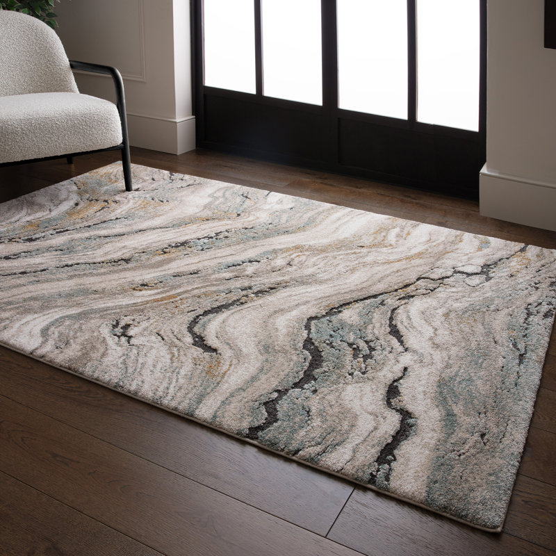 Decara Wave Abstract High-Low Blue/Beige/Ivory Area Rug, Rectangle 200 x 290 cm