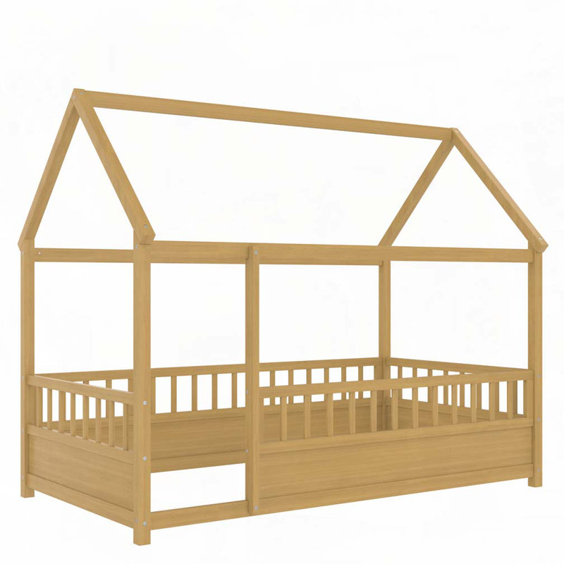 Lit en bois avec structure de toit en bois