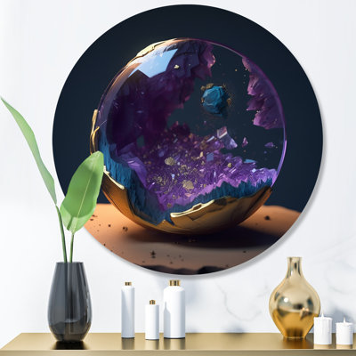 «Exploration des profondeurs de la géode mauve dorée III», art mural rond en marbre abstrait