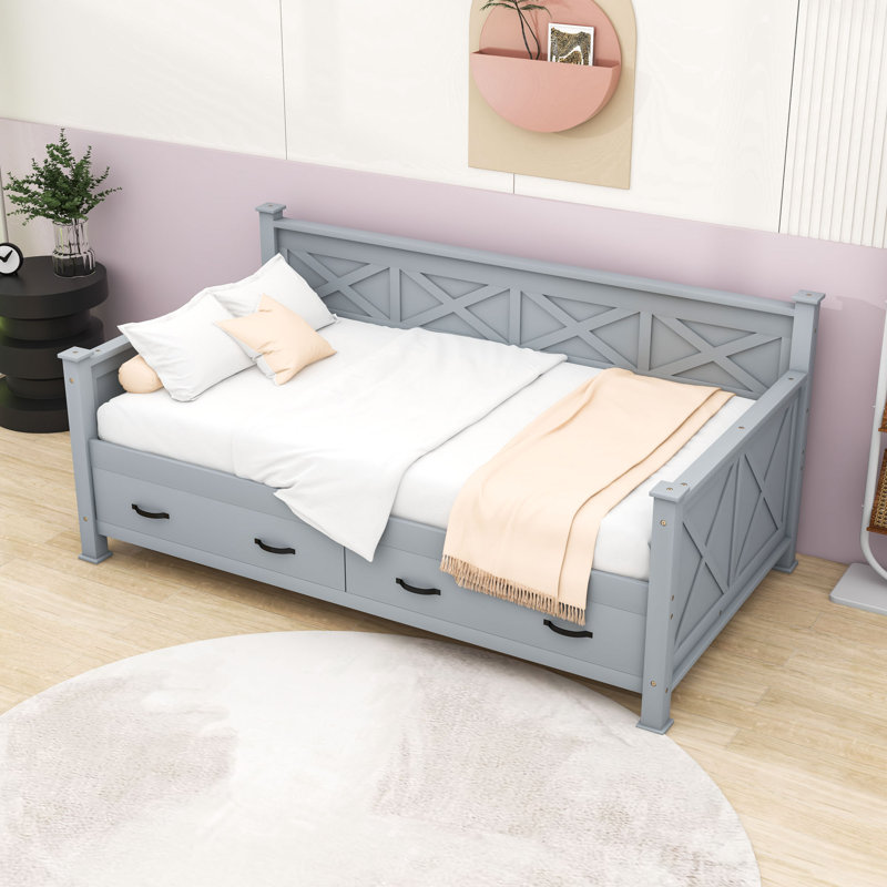 Twin-Sized Modern Farmhouse Daybed with X-Frame and Dual Storage Drawers, Gray