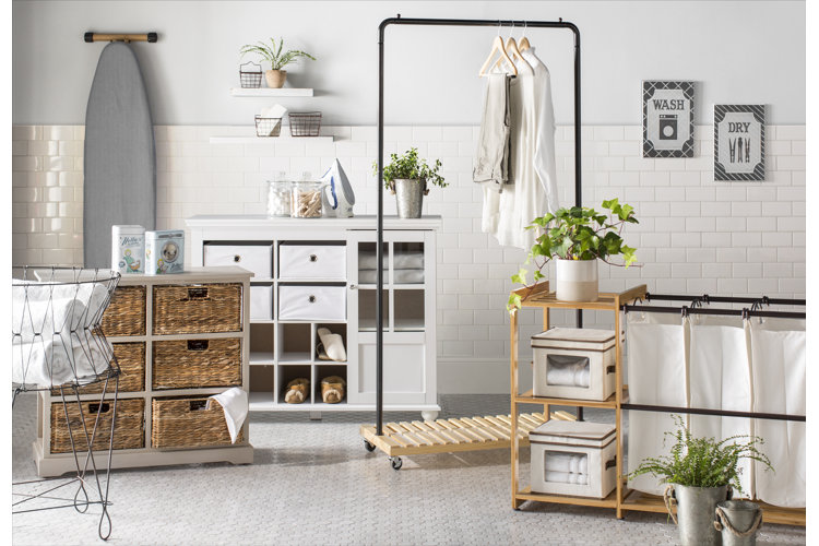 different storage shelves displayed in a laundry room setting