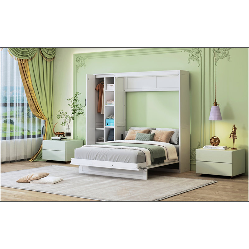 Lit escamotable double avec tablettes, Double, Blanc