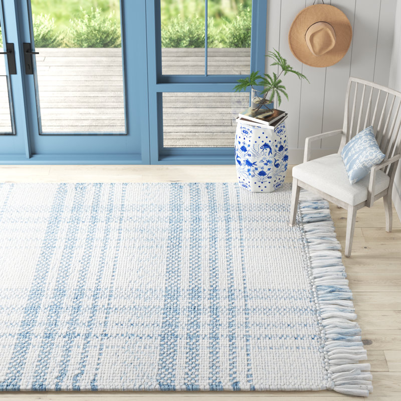 Cay Plaid Handmade Flatweave Recycled P.E.T. Area Rug in Blue/White, Rectangle 12' x 15'