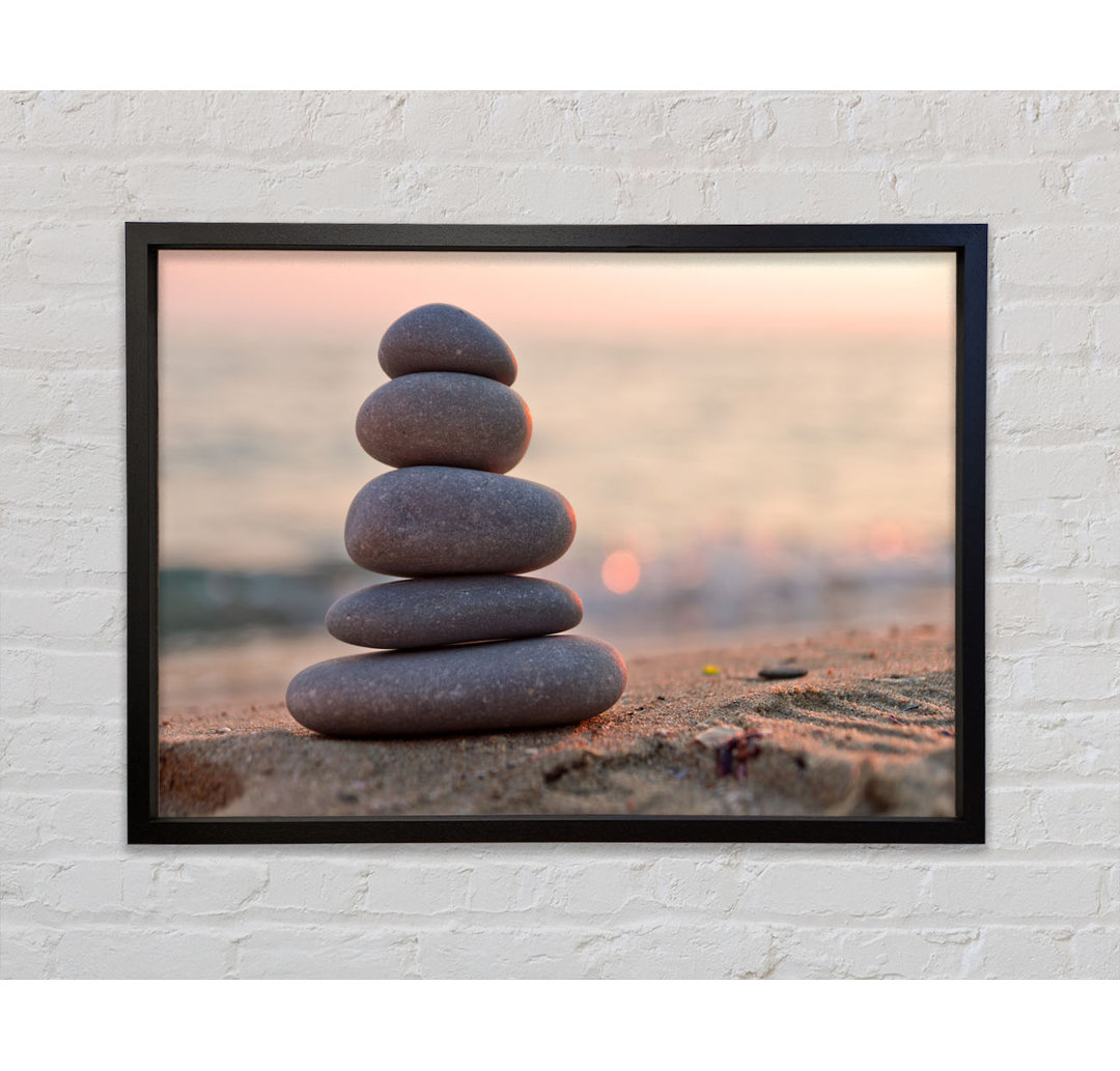 Gerahmter Fotodruck Zen Stones Stacked Up On Beach