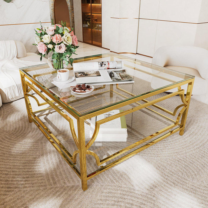 Table basse carrée en verre de 33,5 po, structure géométrique luxueuse en métal, finition dorée et tablette inférieure, Clair