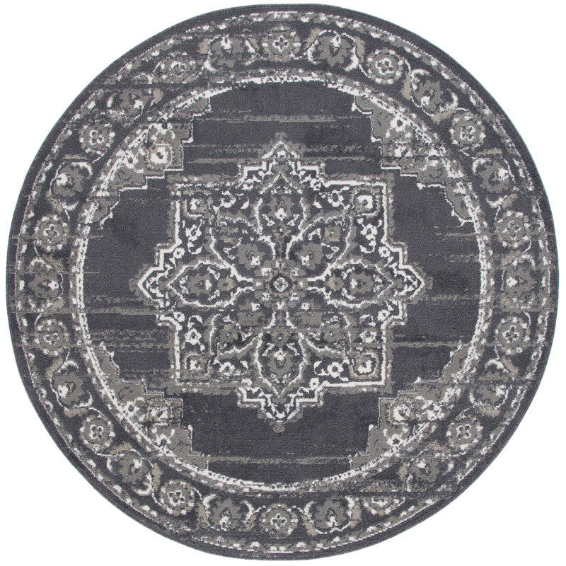 Tapis oriental gris anthracite / ivoire en polypropylène tissé à la machine, Rond 6 pi 7 po