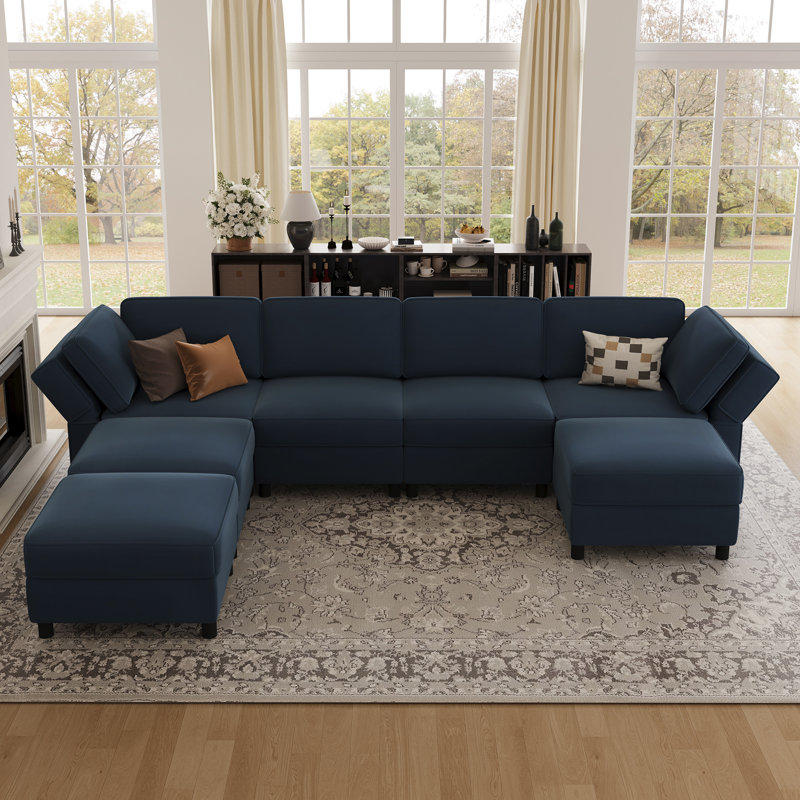 U Shaped Modular Sectional Sectional Sofa With Chaise & Ottoman, Blue Velvet