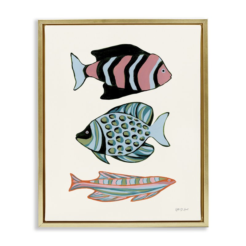  "Tropical Fish Trio", art mural sur toile flottante par Yvette St. Amant, H 31 po x l 25 po, Cadre flottant métallique doré