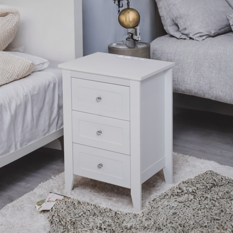 Table de chevet blanche moderne avec 3 tiroirs, ports de chargement USB et prises de courant - Table de bout élégante