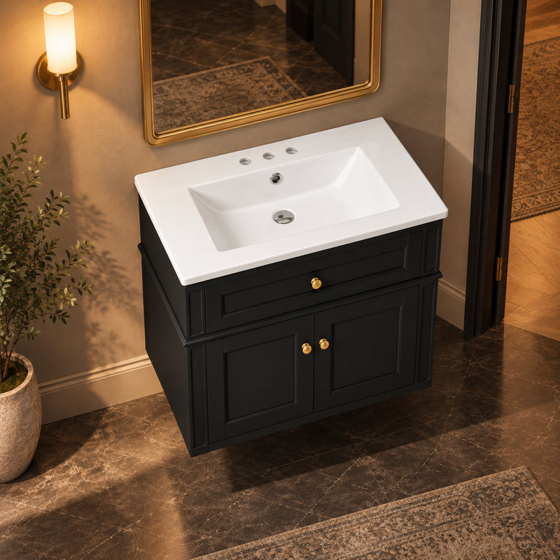 Meuble-lavabo mural moderne de 61,2 cm (24,12 pouces), armoire à 2 portes avec lavabo en céramique et charnières à fermeture douce.