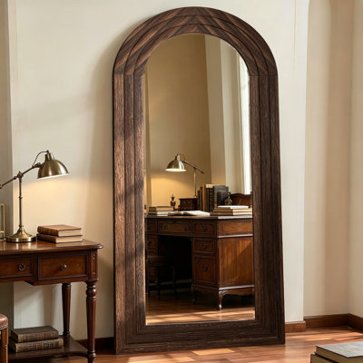 Arched Full Length Mirror With Solid Wood Frame, 71X32 Farmhouse Wall Mounted Floor Mirror With Stand, Vertical Hanging Or Leaning Standing For Bedroom, Living Room, Rustic Brown
