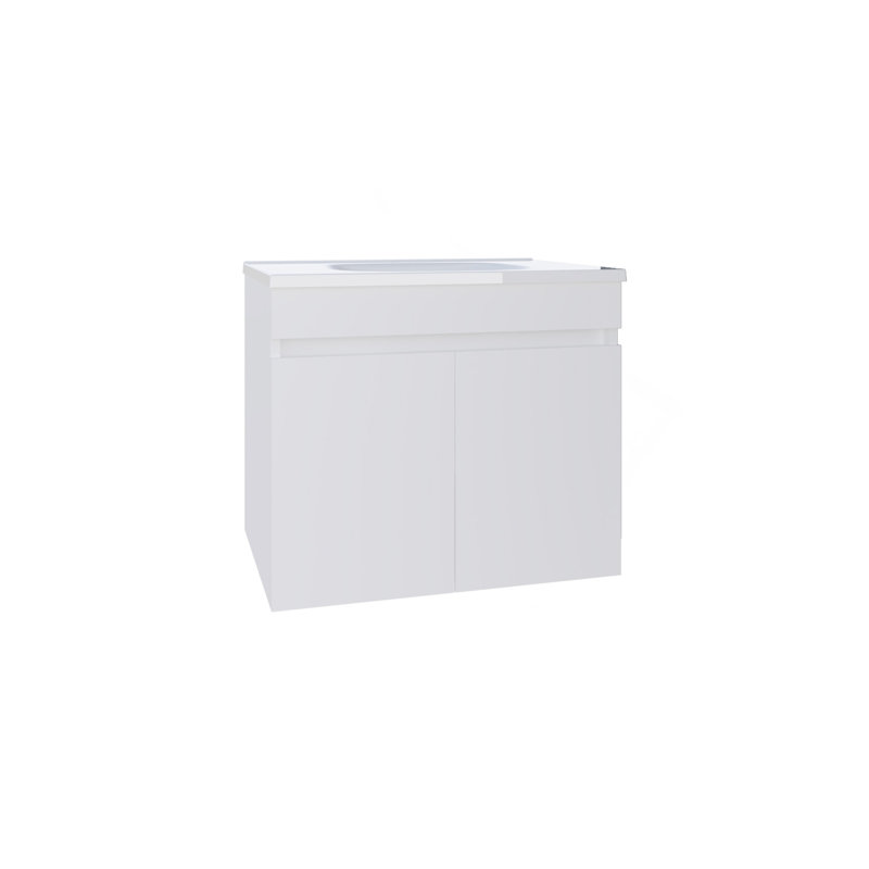 Meuble-lavabo flottant à deux portes Chaux, avec lavabo en résine et deux tablettes, rangement pour salle de bain, blanc