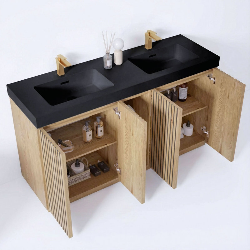 Bathroom Vanity with Solid Surface Top, 60", Single-Hole, White/Dark Brown