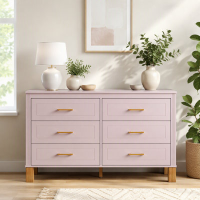 6-Drawer Double Dresser , Modern Storage Cabinet with Metal Handles & Solid Wood Legs, Dresser Drawer Organizer for Kids Bedroom, Heavy-Duty Wooden Dresser with Pre-Installed