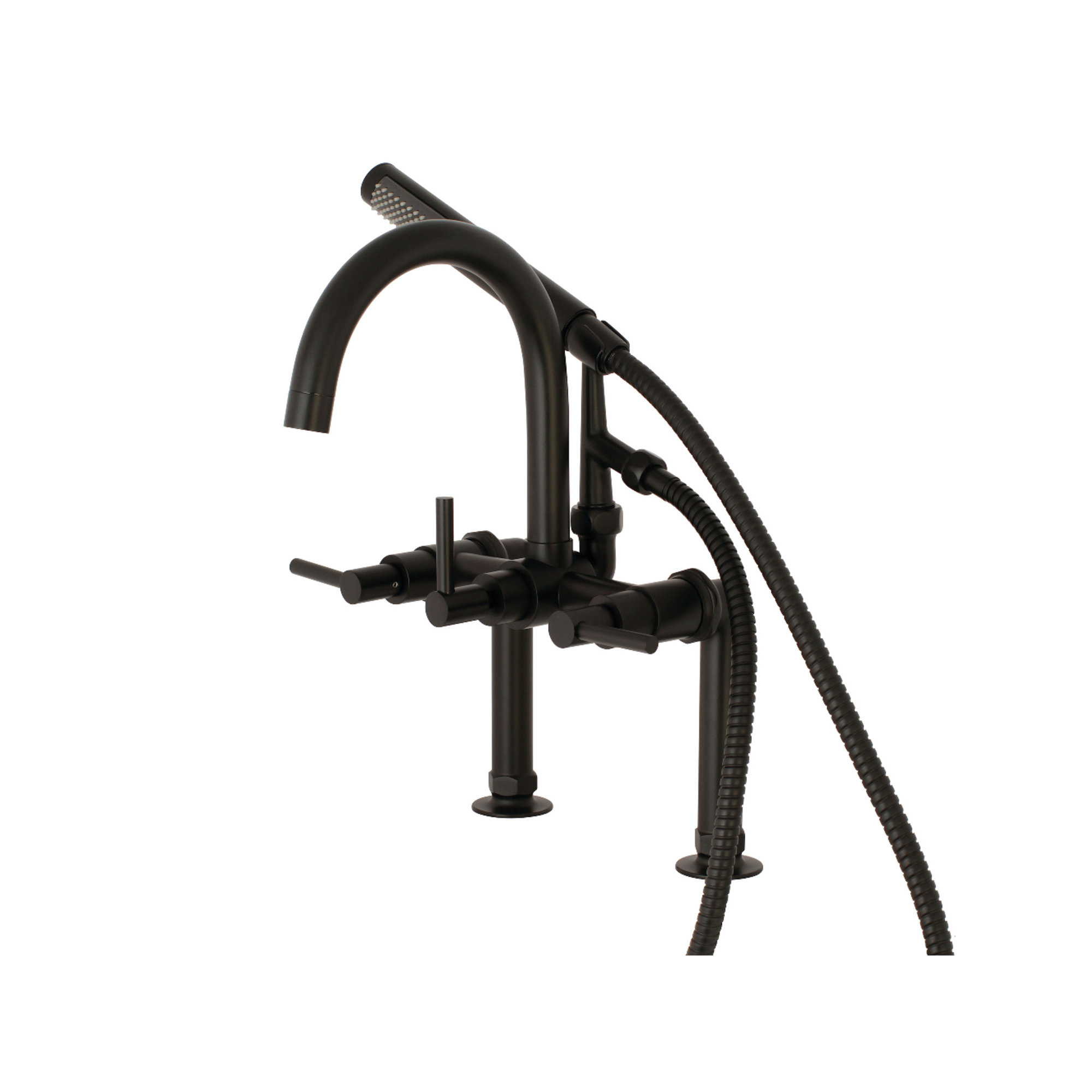 Kingston Brass Concord Three-Handle 2-Hole Deck Mount Clawfoot Tub Faucet with Hand Shower, Matte Black