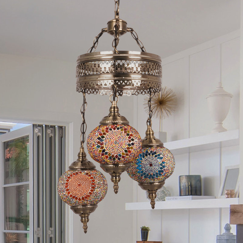 Lustre à 3 lumières de style mosaïque à 3 lumières de style Tiffany (ampoules incluses)