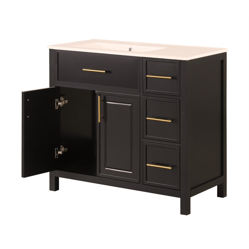 Meuble-lavabo 36 po avec comptoir d'évier, meuble-lavabo avec deux portes et trois tiroirs, Noir