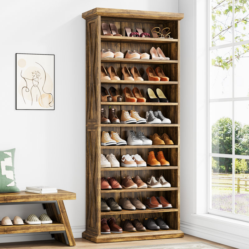 Armoire à chaussures 30 paires avec tablettes réglables, étagère à chaussures étroite en bois à 10 niveaux, Brun