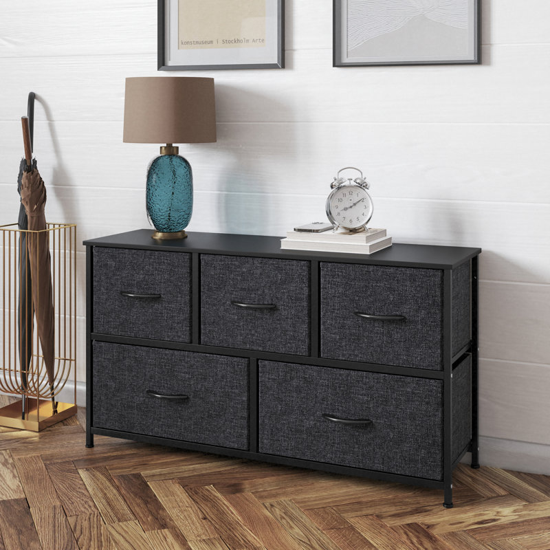 Draven 5 Drawer Storage Dresser with Cast Iron Frame, Wood Top and Fabric Drawers, Black
