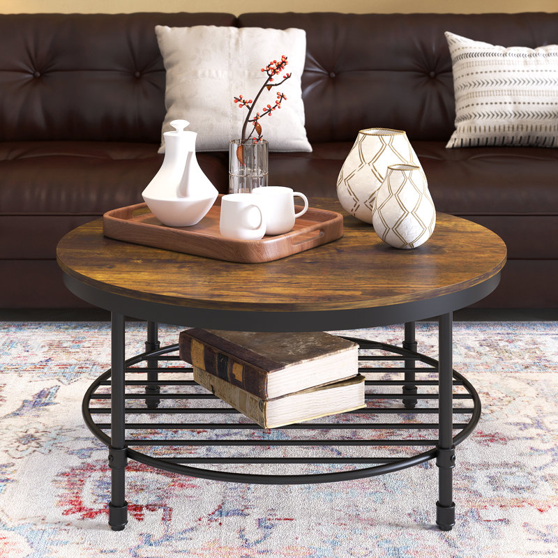 Table basse ronde avec rangement Breyon, Plateau brun / base noire