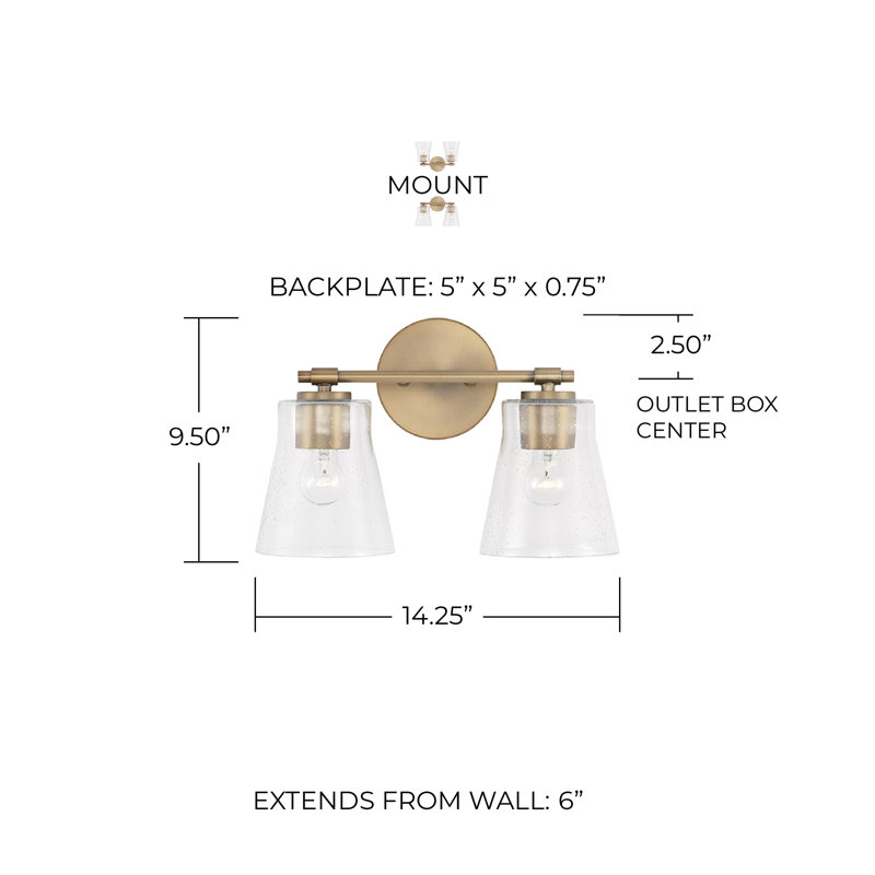 2 - Light Dimmable Vanity Light, Aged Brass