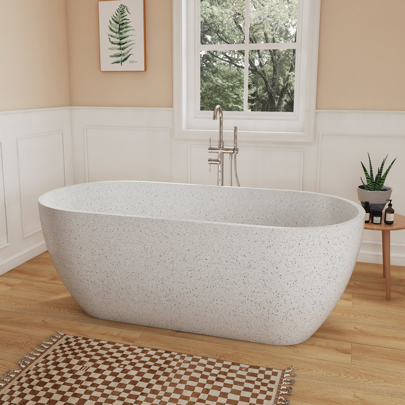 Baignoire îlot Fslefay 63'' en terrazzo, résine de pierre mouchetée, baignoire profonde avec trop-plein et bonde escamotable.
