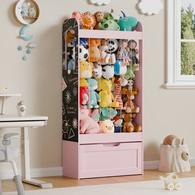 51.5"H Kids Toy Storage, Stuffed Animal Storage with Easel, Toy Organizer Cabinet with 2 DIY Blackboards & Movable Drawer for Kids Room, Playroom, Nur