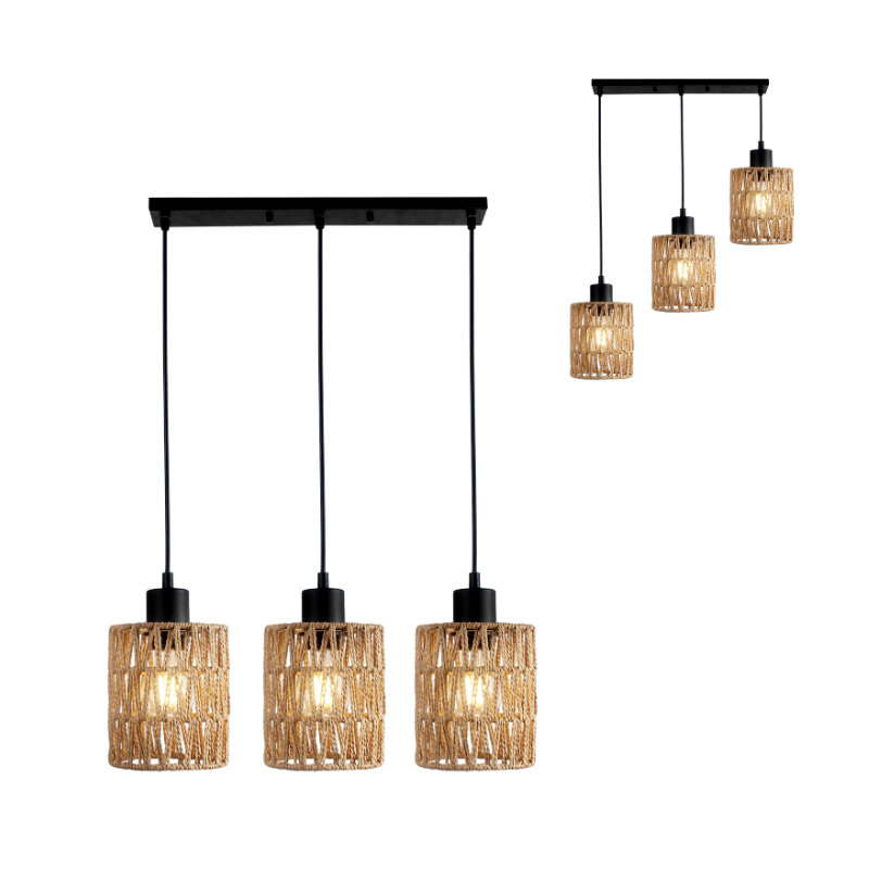 3-Light Rattan Pendant Light, Adjustable Height,Farmhouse Natural Woven Cage(No Bulbs)