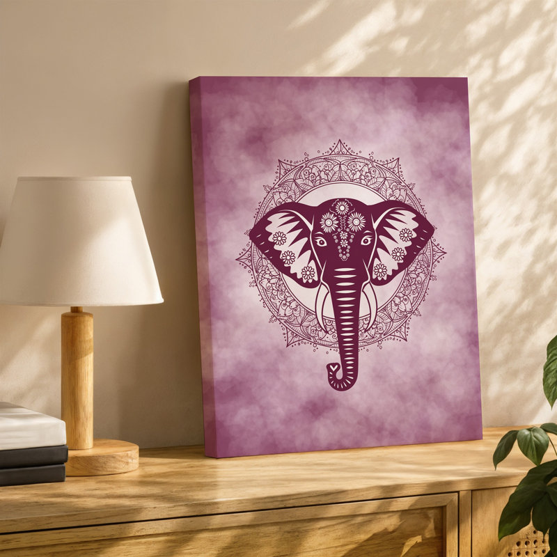 Toile, art magnifiquement complexe d'une tête d'éléphant sur un fond rose marbré, H 12 po x l 9 po