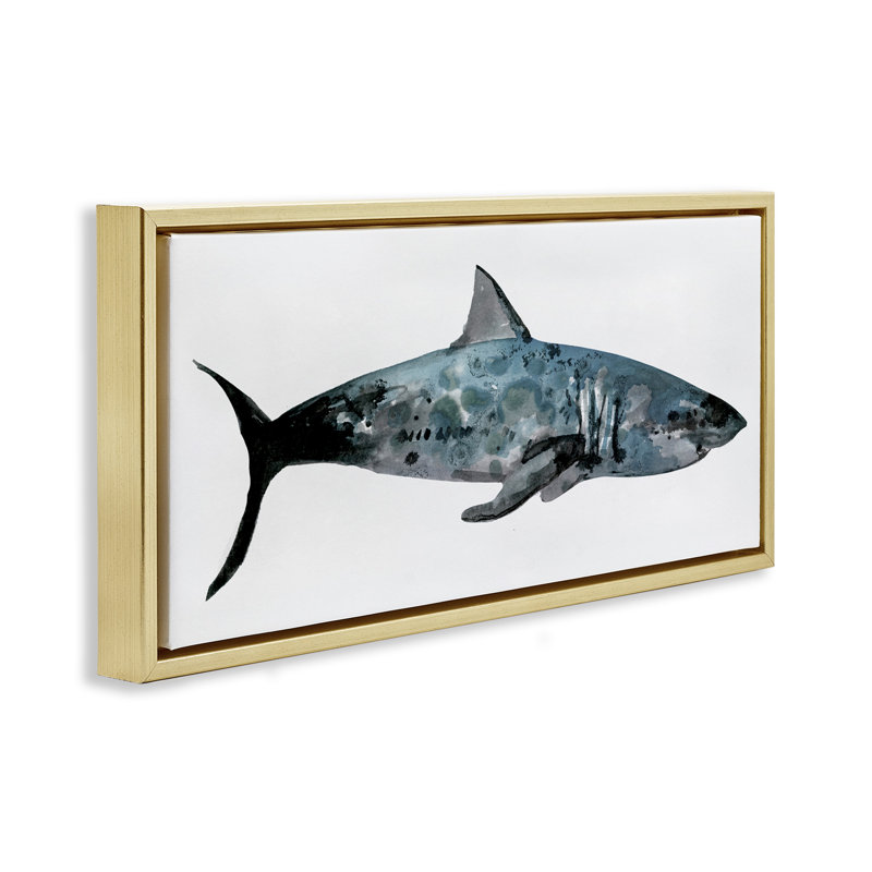 Aquarelle, requin texturé encadré par Stellar Design Studio, Cadre flottant métallique doré, H 11 po x l 25 po